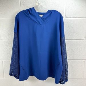 Chico’s Zenergy Womens Breathable Neema Popover Navy Mesh Sleeve Sz L Hooded
